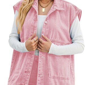 Women's Oversized Denim Vest Mid Long Sleeveless Jacket Plus Size Casual